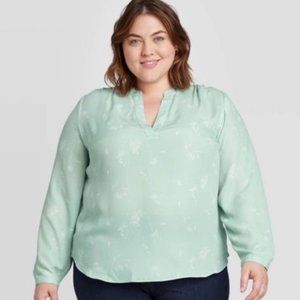 AVA & VIV Aqua Floral Long Sleeve Blouse